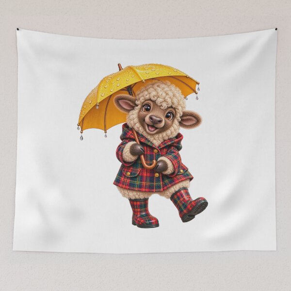 Item preview, Cute Scottish Highland Sheep in Tartan Raincoat with Yellow Umbrella designed and sold by MaedK.