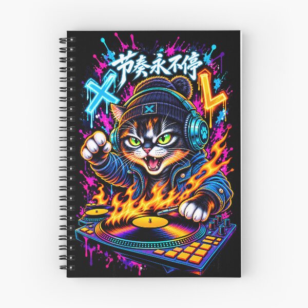 Item preview, Cyberpunk Cat DJ Beats Never Stop Kanji on Fire Turntable designed and sold by PinnyPxStudio.