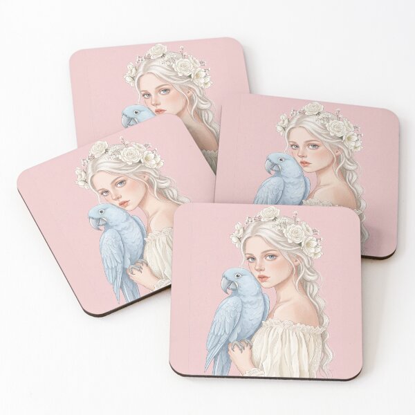 Item preview, Elegant Woman with Blue Parrot and White Floral Crown Illustration designed and sold by Pasteltone.