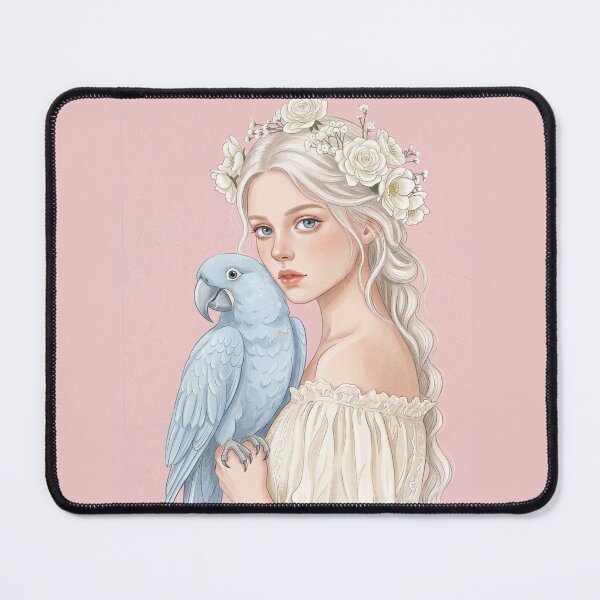 Item preview, Elegant Woman with Blue Parrot and White Floral Crown Illustration designed and sold by Pasteltone.