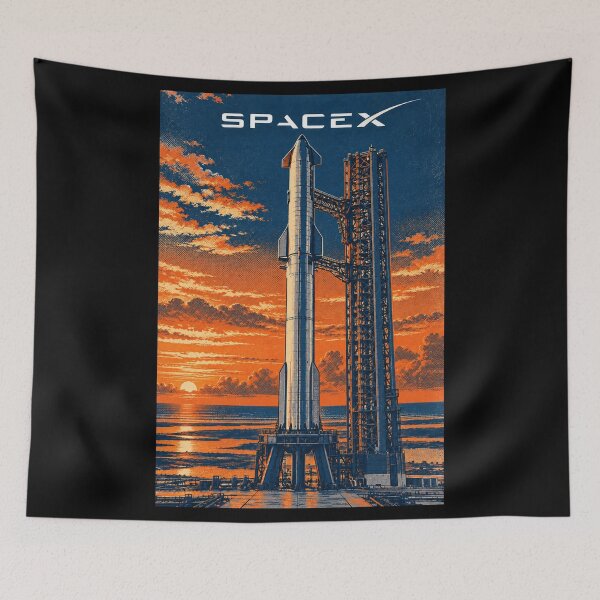 Item preview, SpaceX Starship Reentry – Retro Navy Orange Silkscreen Space Art designed and sold by TEEJAMBOREE.