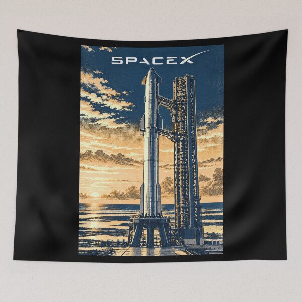 Item preview, SpaceX Starship Reentry – Retro Navy Orange Silkscreen Space Art designed and sold by TEEJAMBOREE.