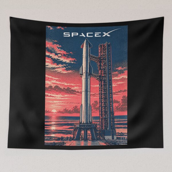 Item preview, SpaceX Starship Reentry – Retro Navy Orange Silkscreen Space Art designed and sold by TEEJAMBOREE.