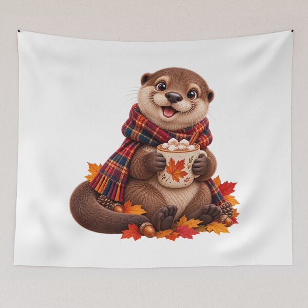 Item preview, Cute Scottish Otter with Hot Chocolate and Autumn Leaves designed and sold by MaedK.