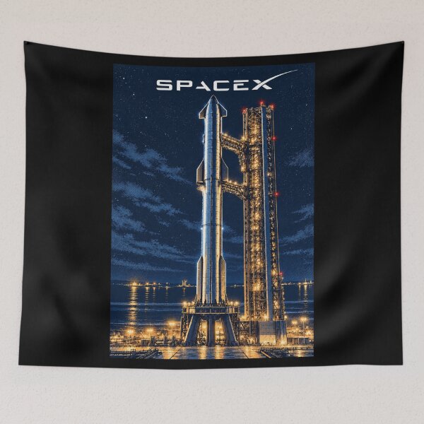 Item preview, SpaceX Starship Reentry – Retro Navy Orange Silkscreen Space Art designed and sold by TEEJAMBOREE.