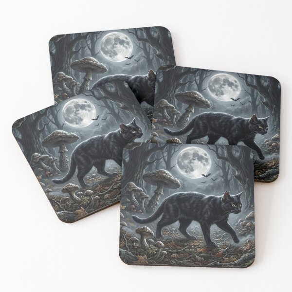 Item preview, Black Cat in the Moonlit Mushroom Forest designed and sold by Ruinations Creations .