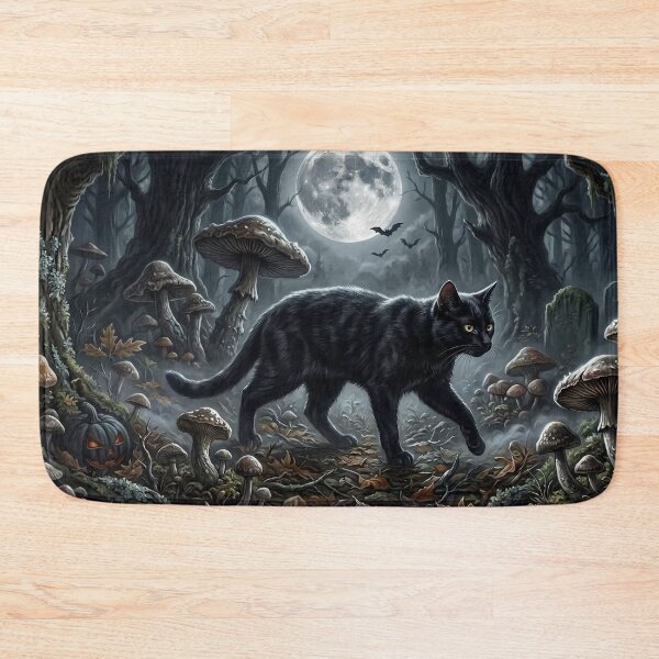 Item preview, Black Cat in the Moonlit Mushroom Forest designed and sold by Ruinations Creations .