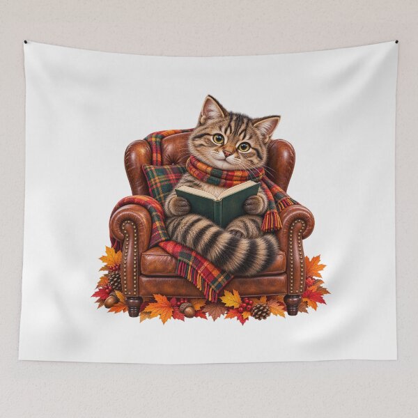 Item preview, Cute Scottish Wildcat Reading a Book in a Cosy Autumn Armchair designed and sold by MaedK.