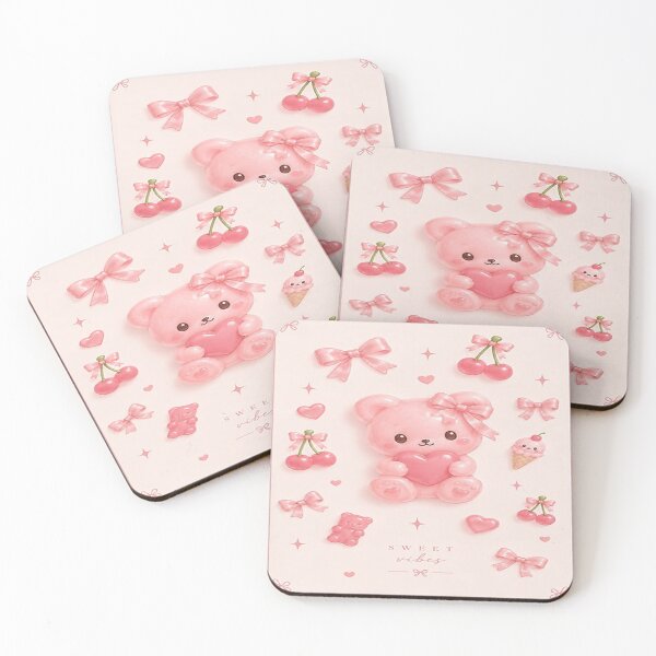 Item preview, Sweet Vibes - Kawaii 3D Pink Resin Bear with Bows and Cherries - Glitter Sticker Collection designed and sold by SatinPosterCo.