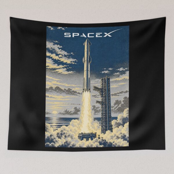 Item preview, SpaceX Starship Reentry – Retro Navy Orange Silkscreen Space Art designed and sold by TEEJAMBOREE.