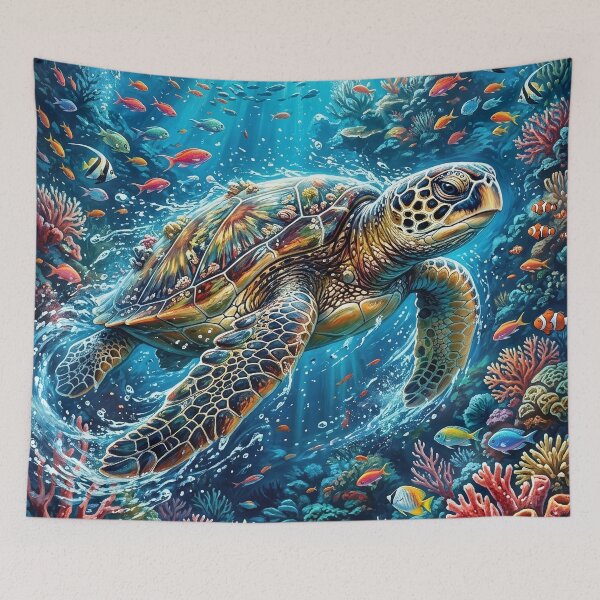 Item preview, Colorful Sea Turtle in a Sunlit Coral Reef designed and sold by Lucid Dream Pixel.