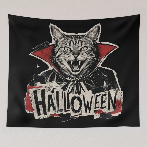 Item preview, Vampire Cat with Fangs – Retro Halloween Collage Design designed and sold by Bengoer18.