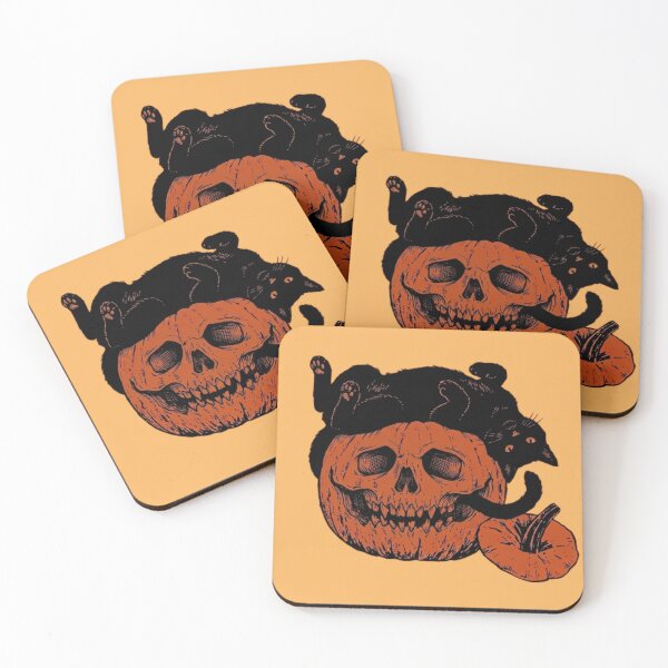 Item preview, woodcut style illustration of a black cat on a creepy jack o lantern pumpkin designed and sold by 123ks.