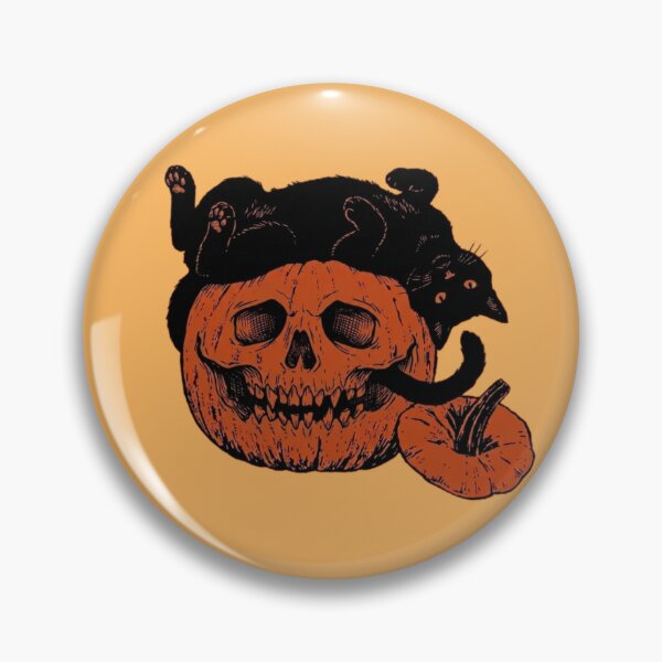 Item preview, woodcut style illustration of a black cat on a creepy jack o lantern pumpkin designed and sold by 123ks.
