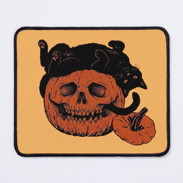 Item preview, woodcut style illustration of a black cat on a creepy jack o lantern pumpkin designed and sold by 123ks.