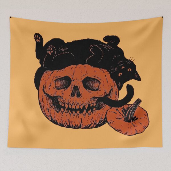 Item preview, woodcut style illustration of a black cat on a creepy jack o lantern pumpkin designed and sold by 123ks.