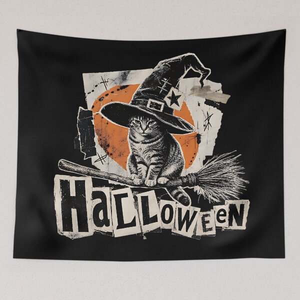 Item preview, Cute witch cat on a broomstick – Minimalist grunge Halloween design designed and sold by Bengoer18.