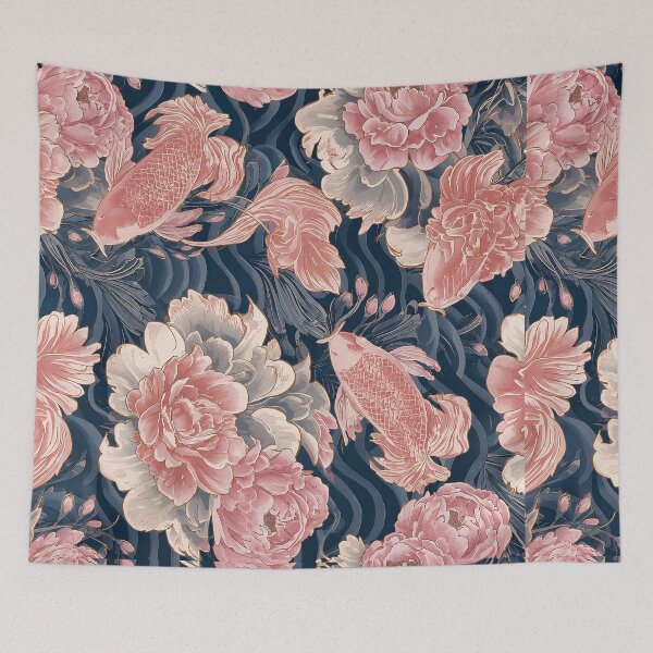 Item preview, Blue Pink Koi Chinoiserie Floral Pattern designed and sold by Magic Love Art Print.