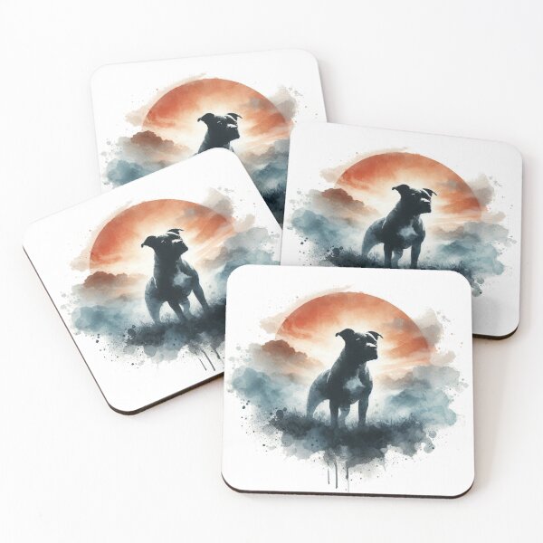 Item preview, Staffy Silhouette Against Sunset Watercolor Portrait designed and sold by MaedK.