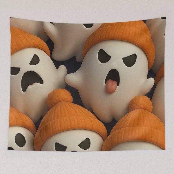 Item preview, Cute 3D Ghosts Wearing Orange Beanie Hats — Playful Spooky Autumn Pattern designed and sold by LYAN-STORE.