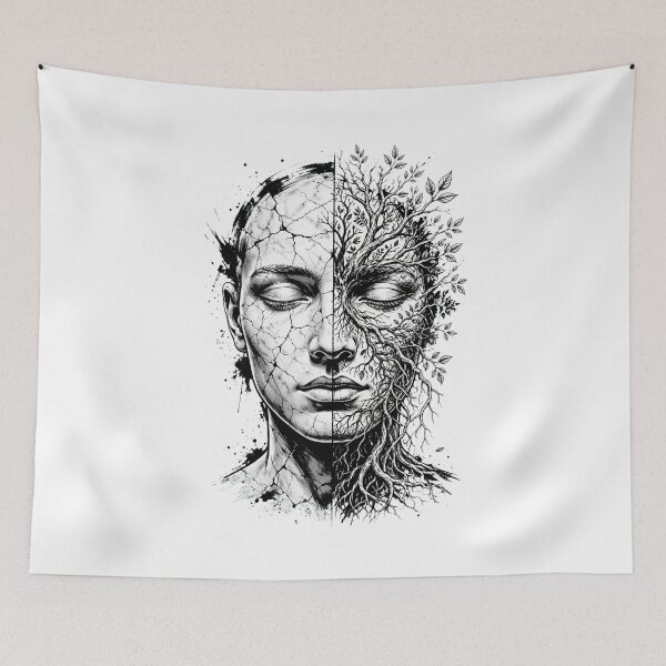 Item preview, Cracked Nature Kintsugi Tree Face Surreal Black and White Art designed and sold by  One City Two Children Studio.