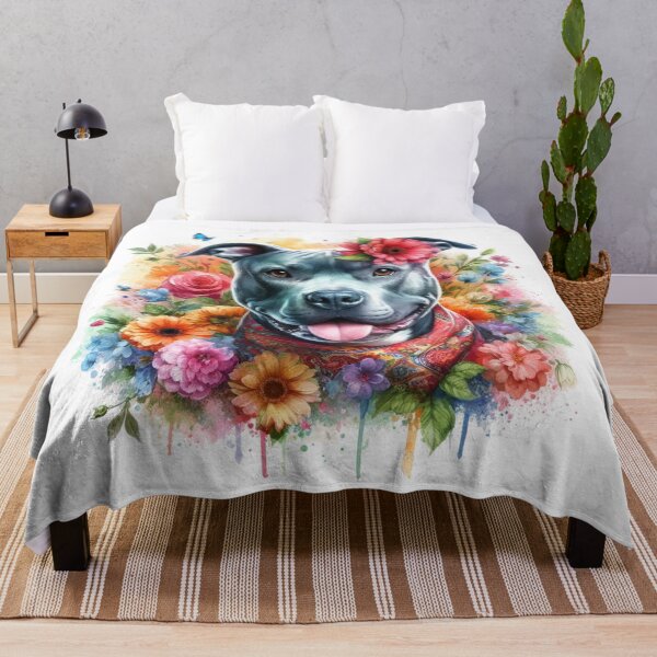 Item preview, Beautiful Happy Blue Staffy Watercolor Portrait with Flowers designed and sold by MaedK.