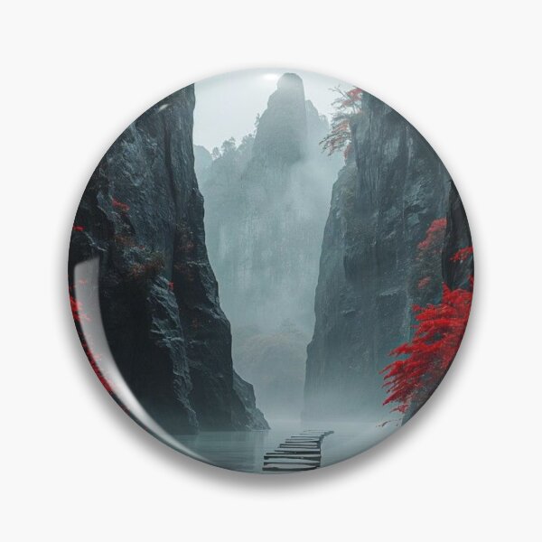 Item preview, Title  Japanese Misty Gorge Stepping Stones — Red Maple Autumn Landscape Art designed and sold by LYAN-STORE.