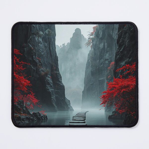 Item preview, Title Japanese Misty Gorge Stepping Stones — Red Maple Autumn Landscape Art designed and sold by LYAN-STORE.