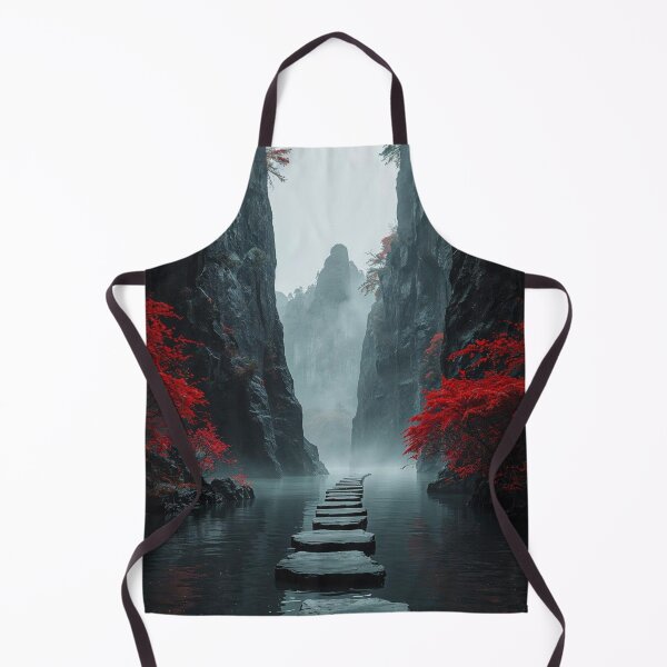 Item preview, Title  Japanese Misty Gorge Stepping Stones — Red Maple Autumn Landscape Art designed and sold by LYAN-STORE.