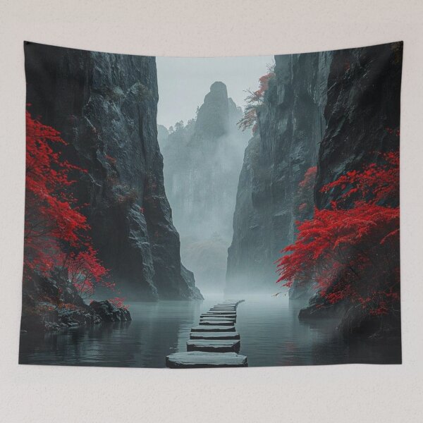 Item preview, Title  Japanese Misty Gorge Stepping Stones — Red Maple Autumn Landscape Art designed and sold by LYAN-STORE.