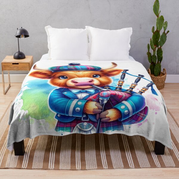 Item preview, Cute Tartan Army Scottish Highland Cow Bagpiper Colorful Fun Watercolor designed and sold by MaedK.
