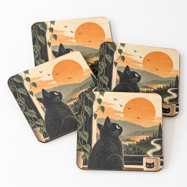 Item preview, Black Cat Sunset | Cozy Cat Watching Sunset by Window, Coffee Lover Art designed and sold by AbstractAuraArt.