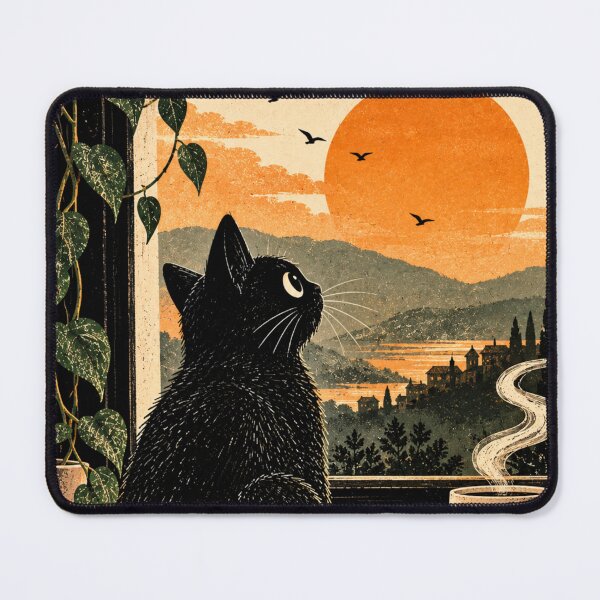 Item preview, Black Cat Sunset | Cozy Cat Watching Sunset by Window, Coffee Lover Art designed and sold by AbstractAuraArt.