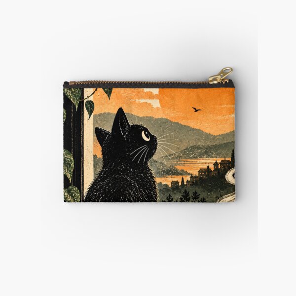 Item preview, Black Cat Sunset | Cozy Cat Watching Sunset by Window, Coffee Lover Art designed and sold by AbstractAuraArt.