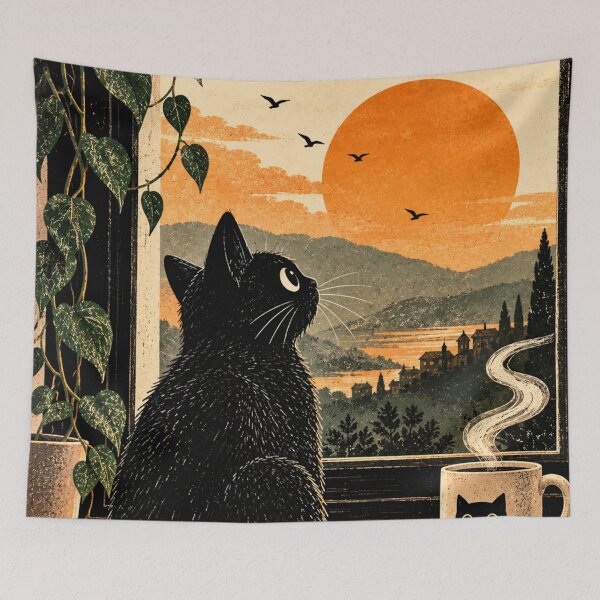 Item preview, Black Cat Sunset | Cozy Cat Watching Sunset by Window, Coffee Lover Art designed and sold by AbstractAuraArt.