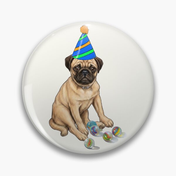 Item preview, Pug Dog With PARTY Hat and Marbles Illustration designed and sold by JoyfulWhimsy.