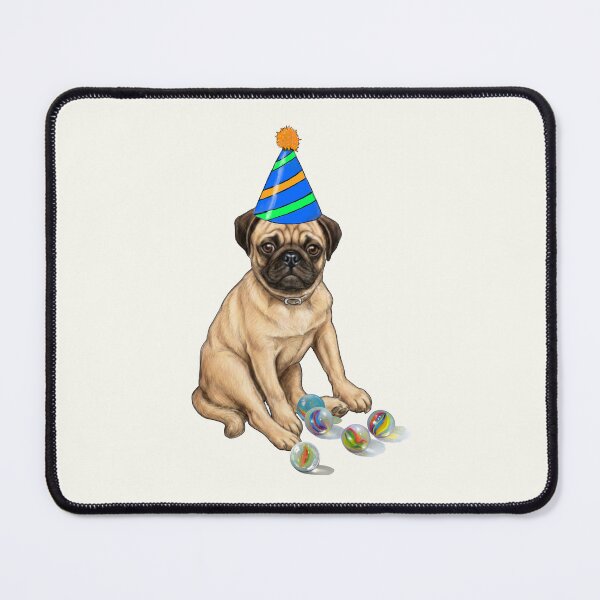 Item preview, Pug Dog With PARTY Hat and Marbles Illustration designed and sold by JoyfulWhimsy.