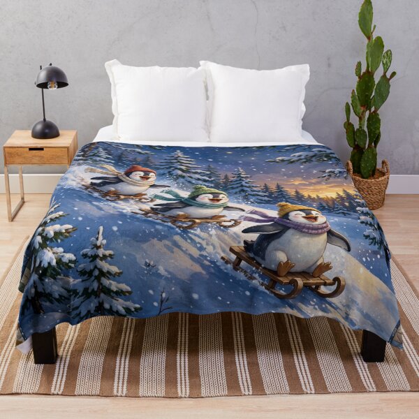 Item preview, Penguins Sledding Christmas Throw Blanket designed and sold by Bluntees .