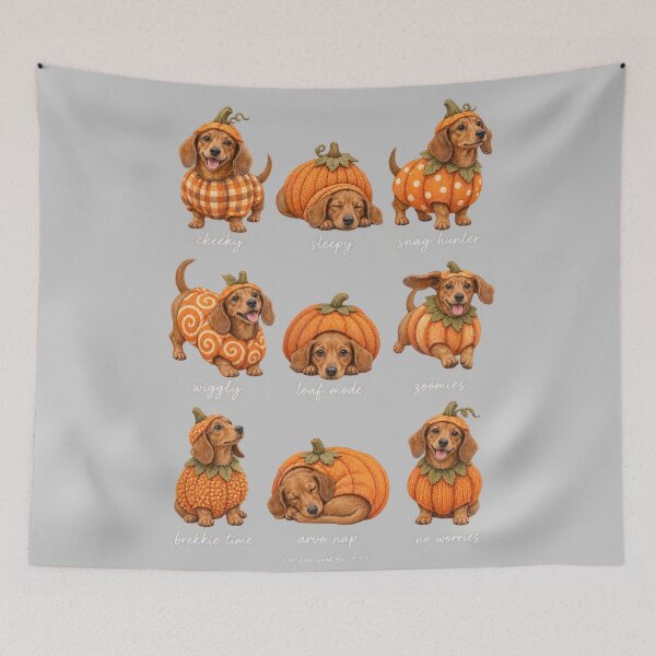 Item preview, Pumpkin Weenie Dogs - Cute Dachshund Fall Costume Set with Aussie Slang Sausage Dog Autumn Art designed and sold by Yellowriversss.