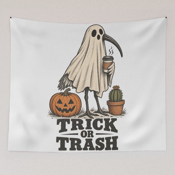 Item preview, Trick Or Trash Funny Ghost Bin Chicken Halloween Design Australian White Ibis with Coffee designed and sold by Yellowriversss.