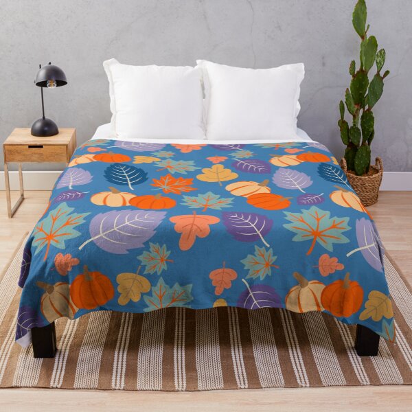 Item preview, Retro Autumn Leaves and Pumpkins – Blue Orange Purple Fall Pattern designed and sold by BigfeetLittlepaws.