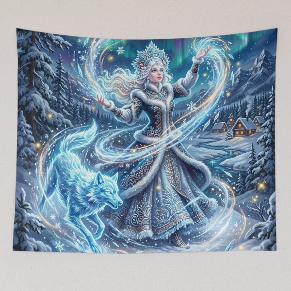 Item preview, Snow Maiden Snegurochka with Ice Wolf Under Northern Lights designed and sold by Lucid Dream Pixel.