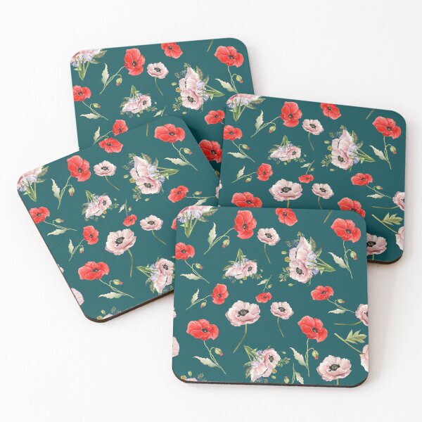 Item preview, Pink & Red Poppies on Deep Teal – Cottagecore Botanical Floral, remembrance pattern designed and sold by BigfeetLittlepaws.