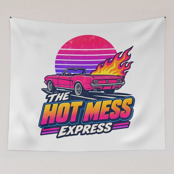 Item preview, The Hot Mess Express Funny Retro Synthwave Pink Convertible Car with Flames 80s Sunset designed and sold by Yellowriversss.
