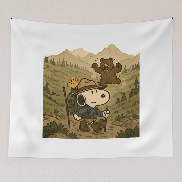 Item preview, Snoopy Hiking Vintage Wilderness Art With Bear Chase designed and sold by CatheriSchiller.