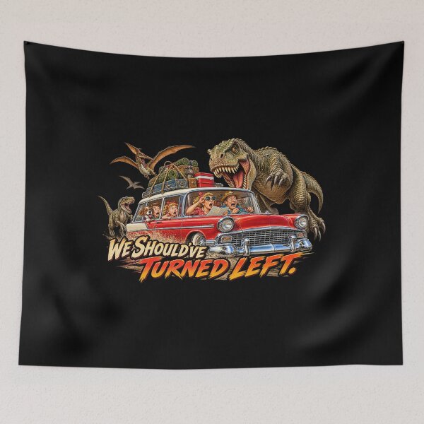 Item preview, We Should’ve Turned Left – Funny Dinosaur Road Trip designed and sold by Classic Chaos Creations.