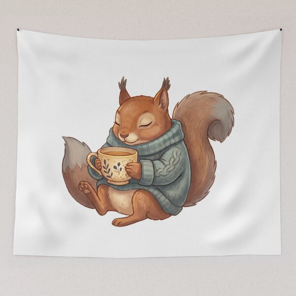 Item preview, Cozy Squirrel in Teal Sweater with Floral Teacup designed and sold by Tamer ⭐⭐⭐⭐⭐.