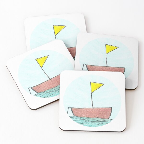 Item preview, Cute Little Boat with Yellow Flag (circle) Hand drawn in watercolor and ink designed and sold by Boy and Belugee Studio.