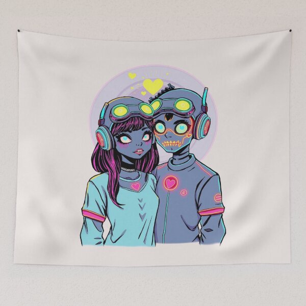 Item preview, Cyberpunk Monster Romance - Neon Cute Cyborg Couple designed and sold by ERODED SELF.