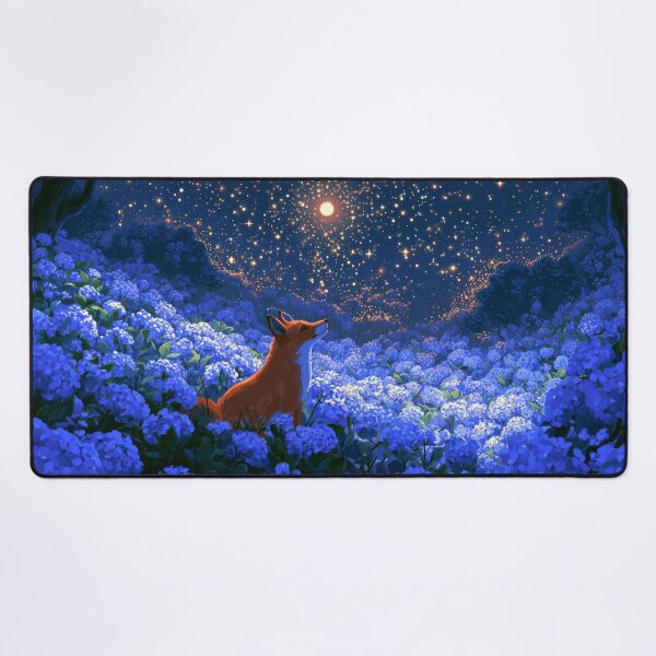 Item preview, Red fox sitting in a field of blue hydrangea designed and sold by scicilysimonee.